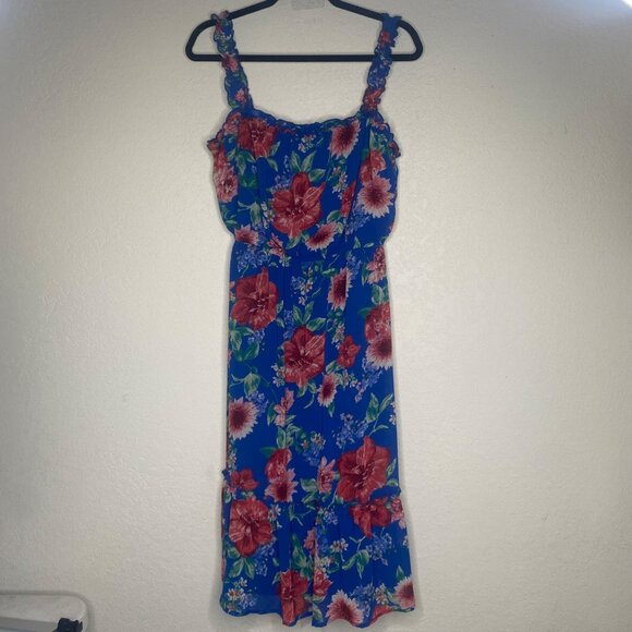 Floral Blue Sleeveless Midi Sundress Dress Ruffle Boho Resort Cruise Party - Picture 1 of 14